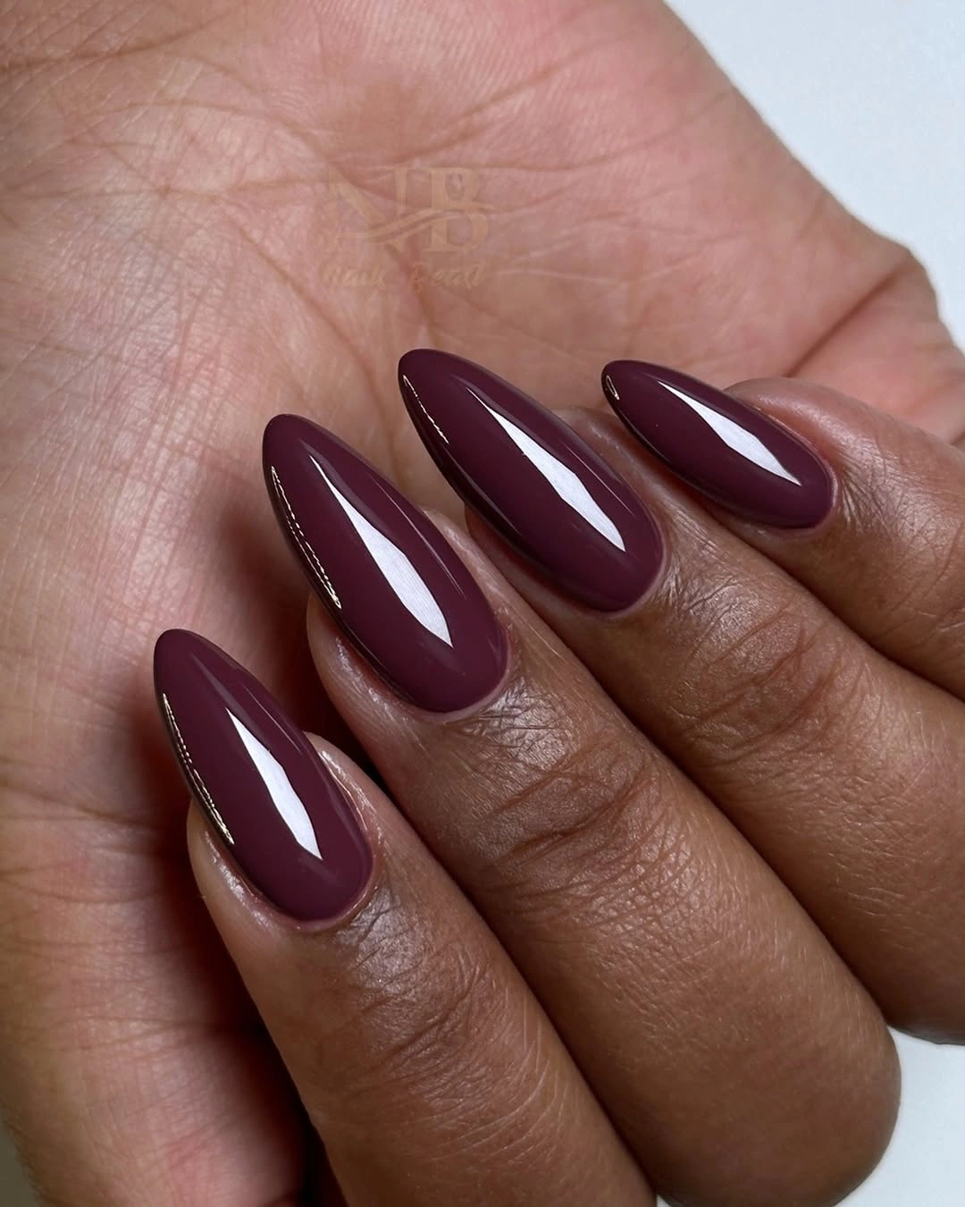 long glossy plum almond nails