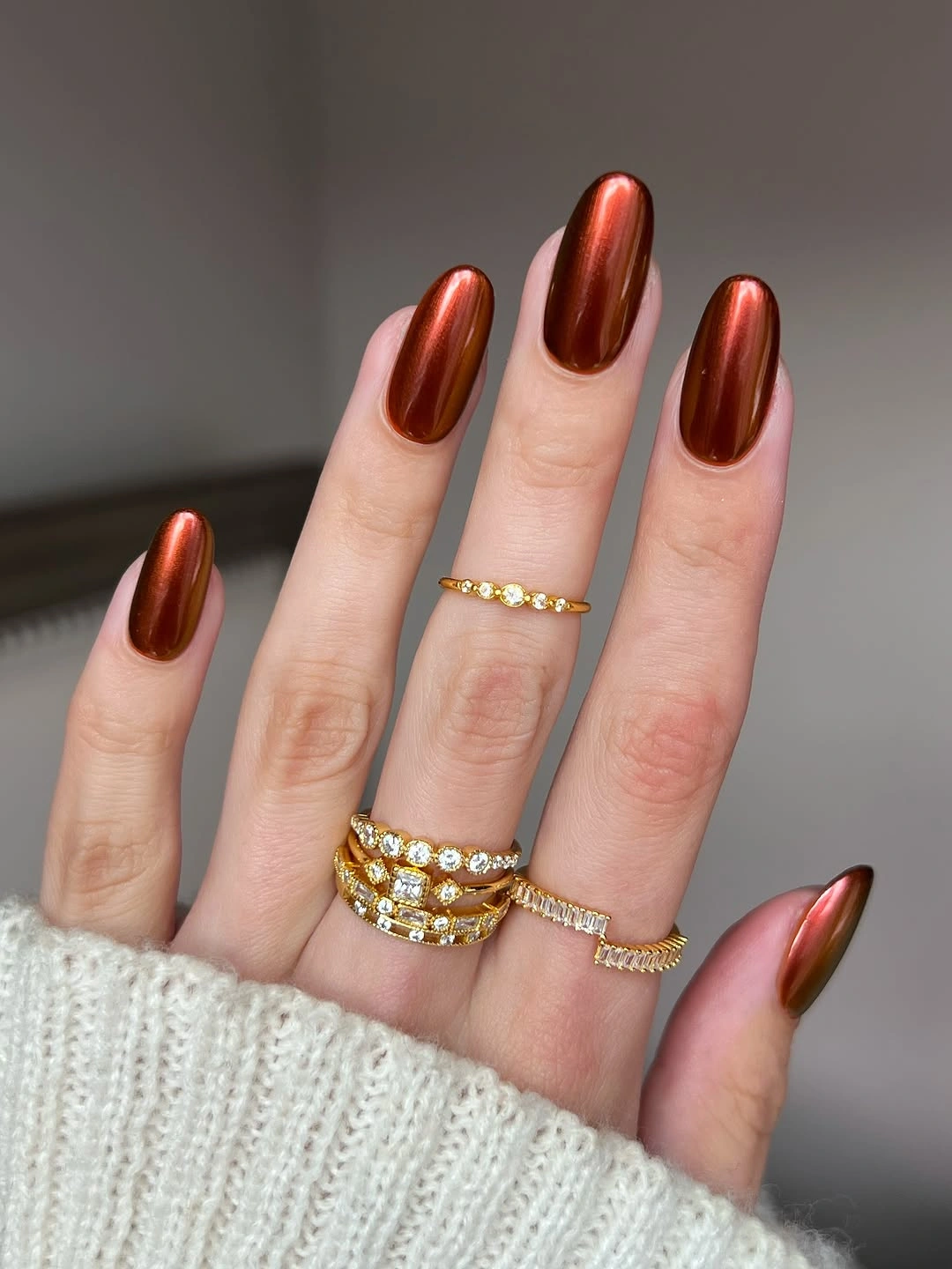 Reflective copper brown almond nails