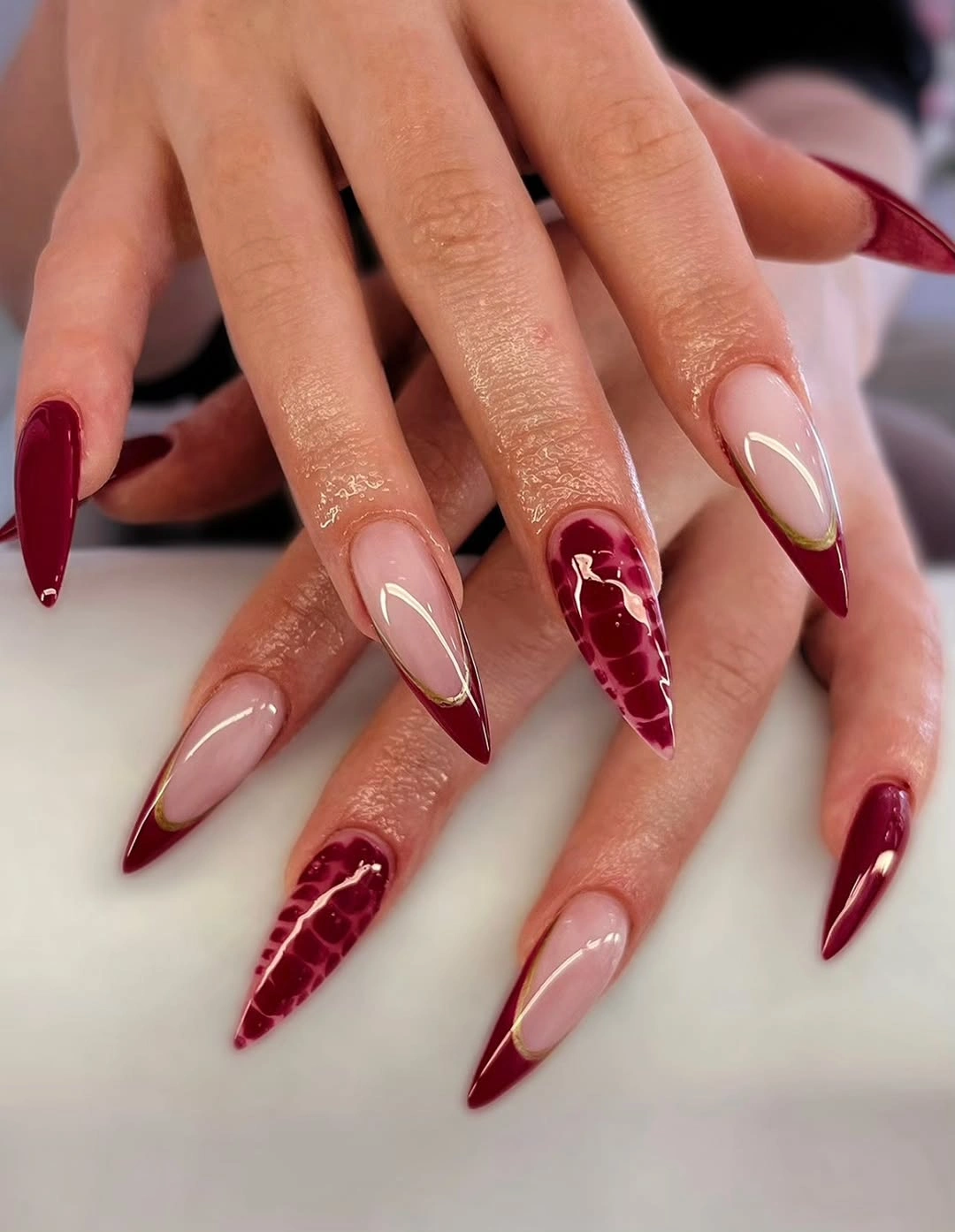 taupe beige long almond nails with small pale accent