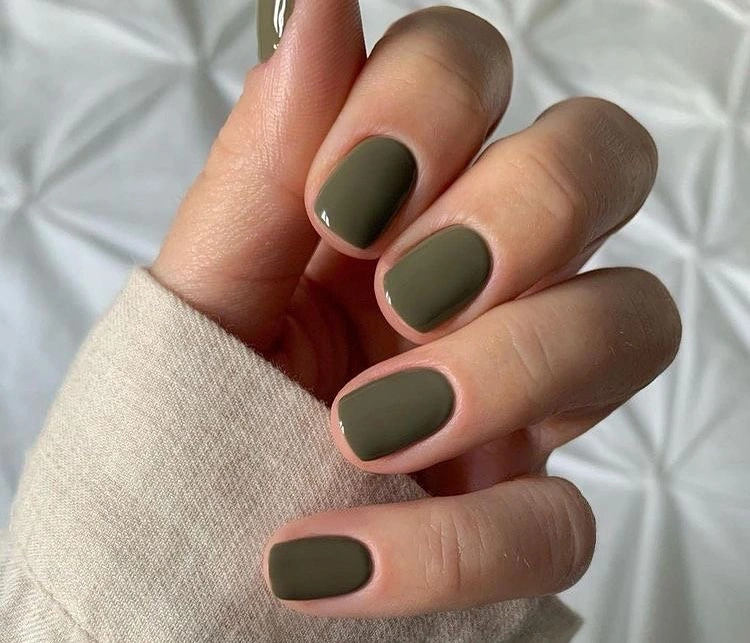 olive green short rounded nails with single olive color