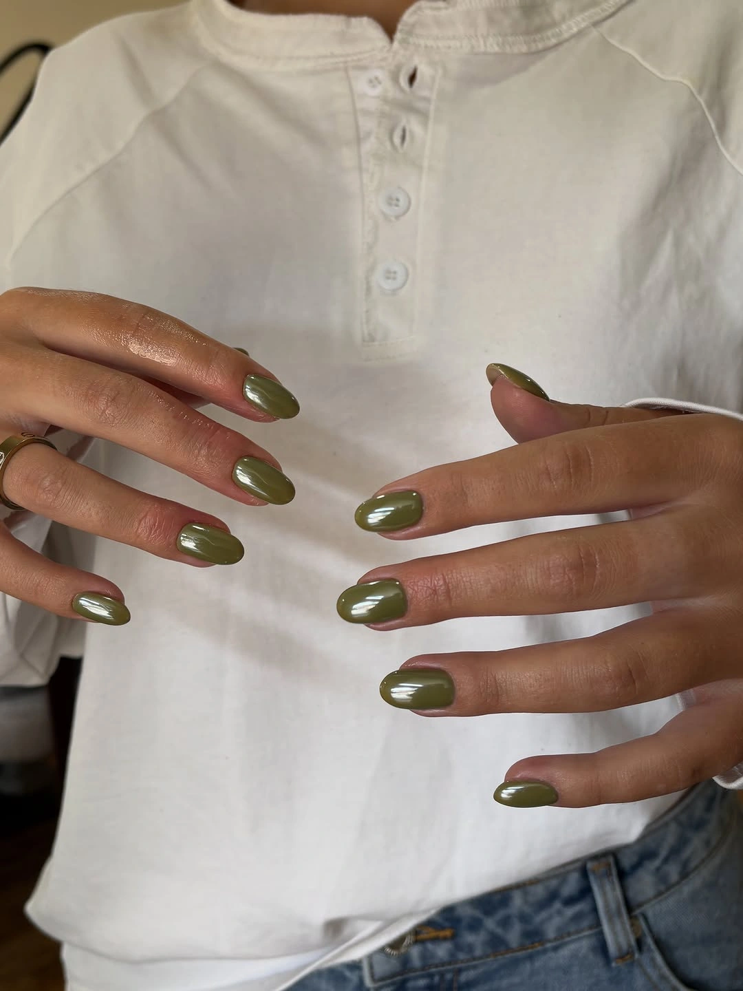 olive green medium almond nails with uniform olive