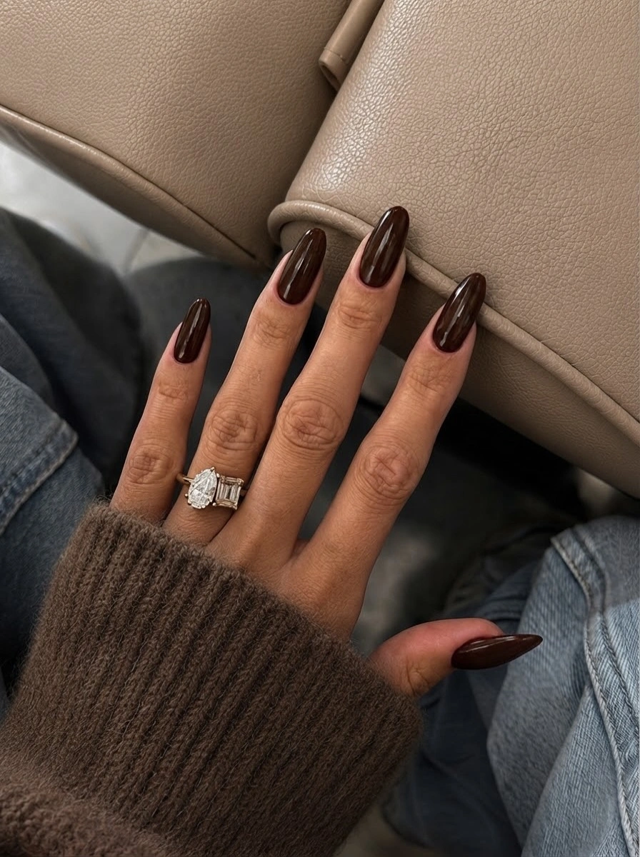 espresso brown long almond nails with uniform espresso shade