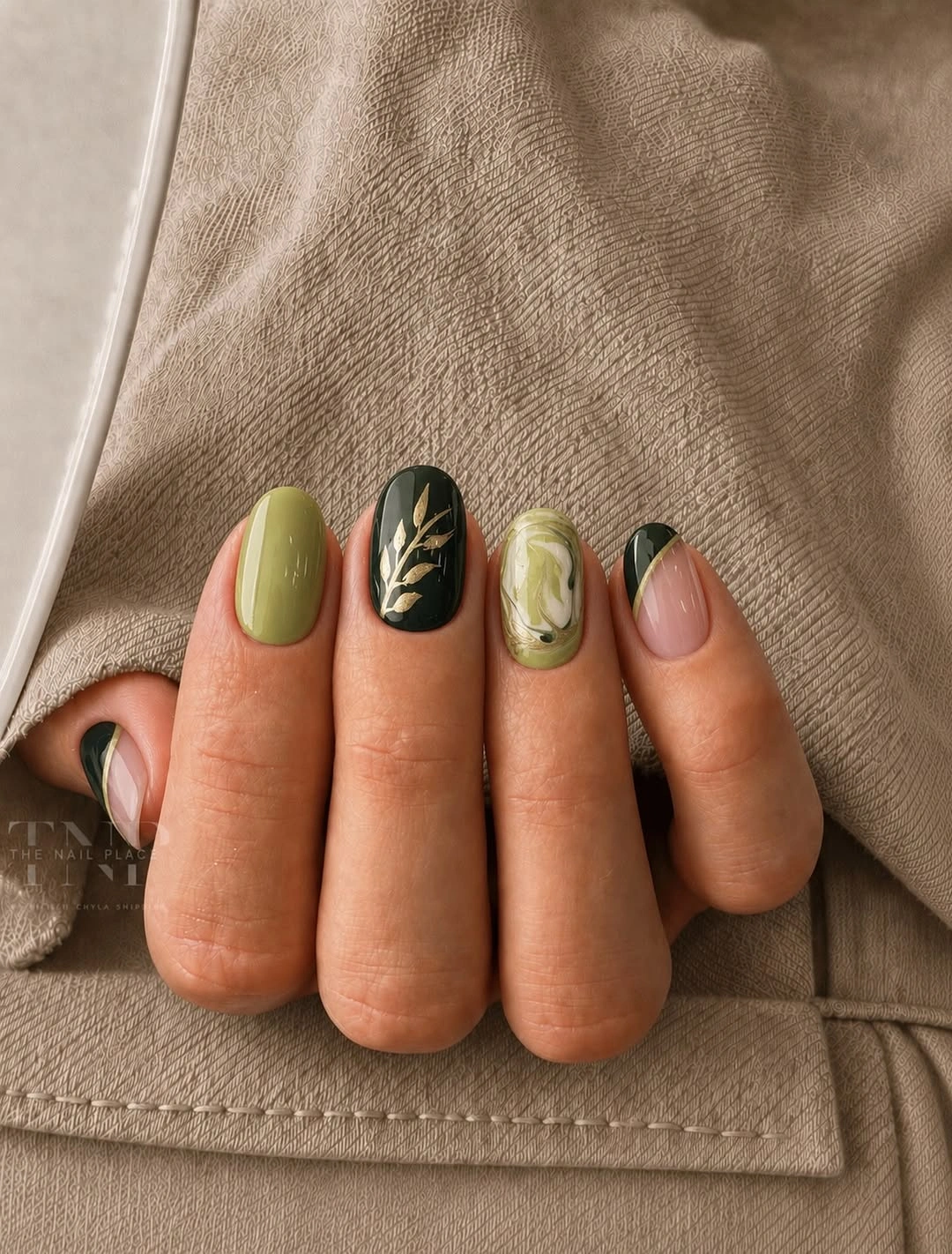 lime olive short rounded nails with branch line and marble