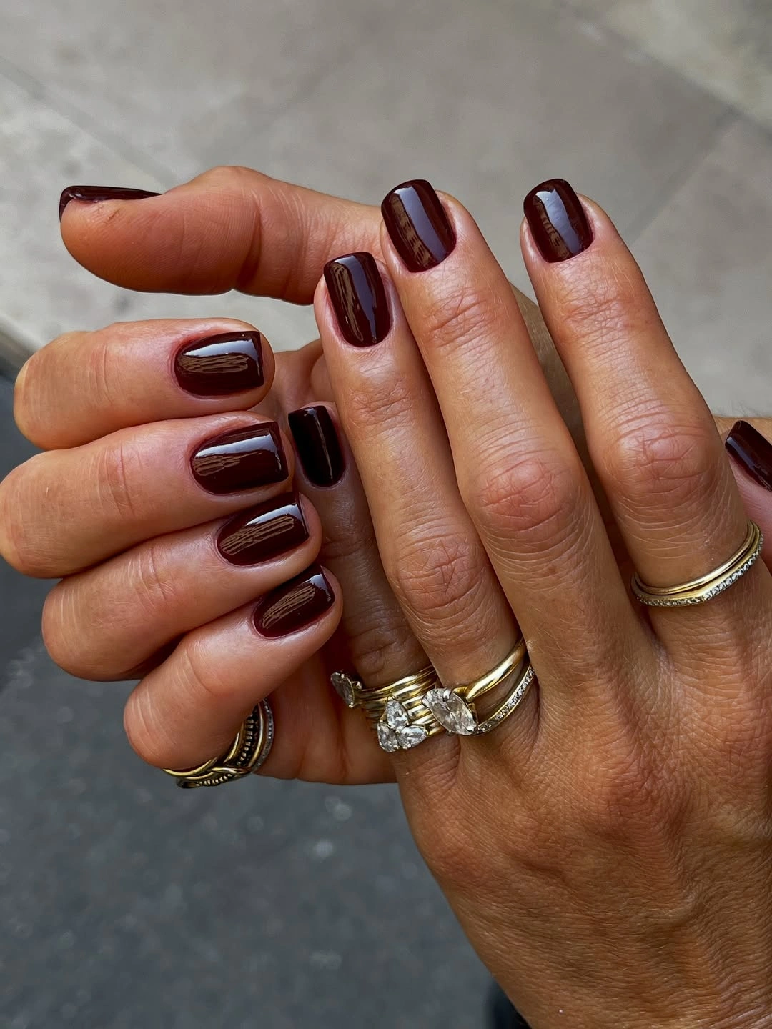 deep burgundy short square nails with single burgundy color