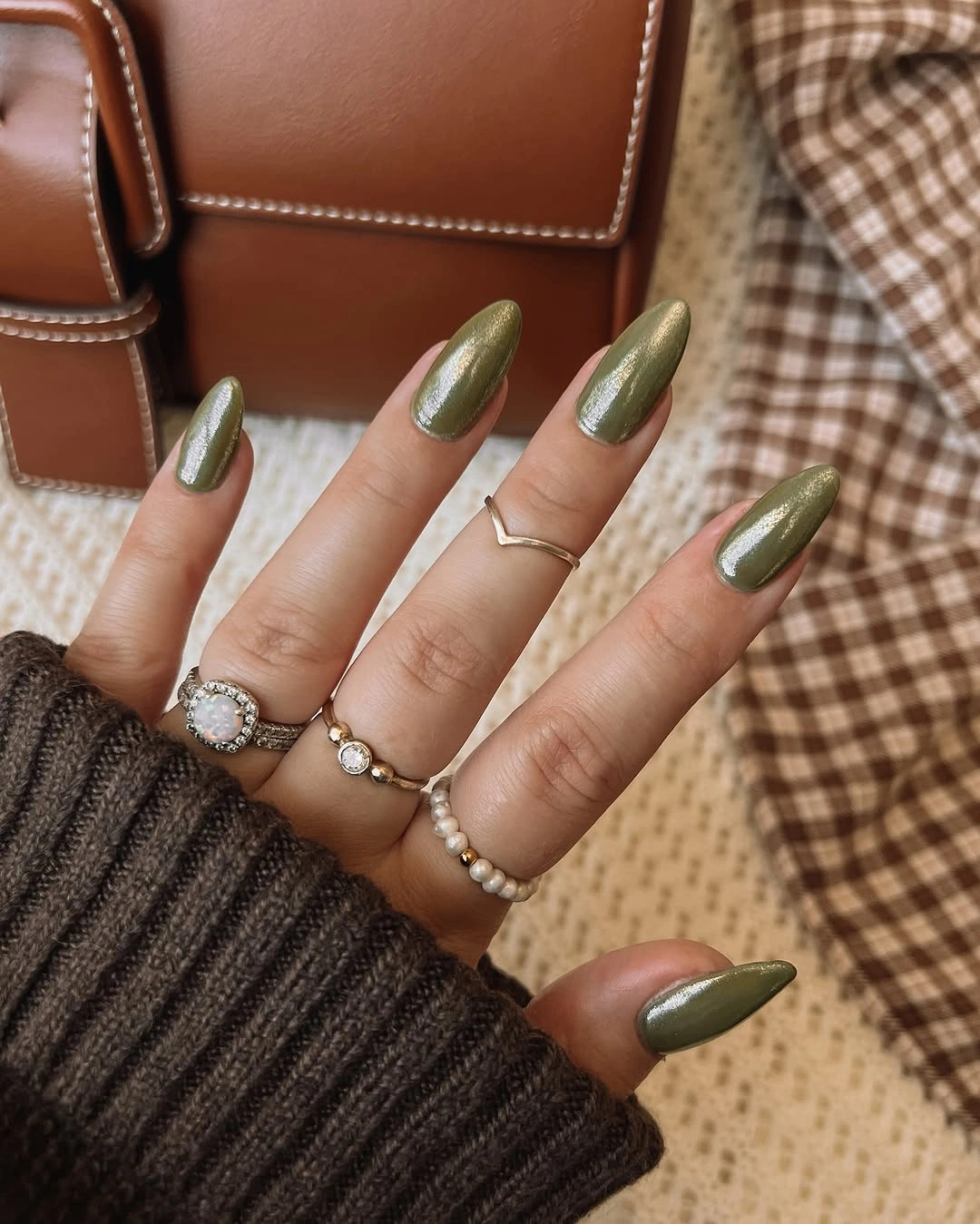 metallic olive green long almond nails with uniform metallic olive