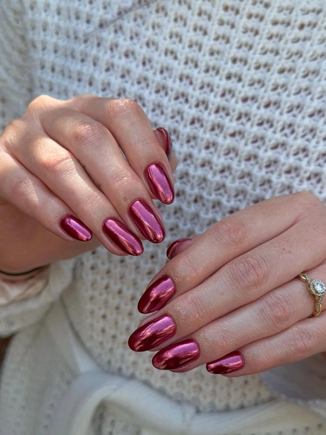 magenta berry chrome medium almond nails with uniform chrome