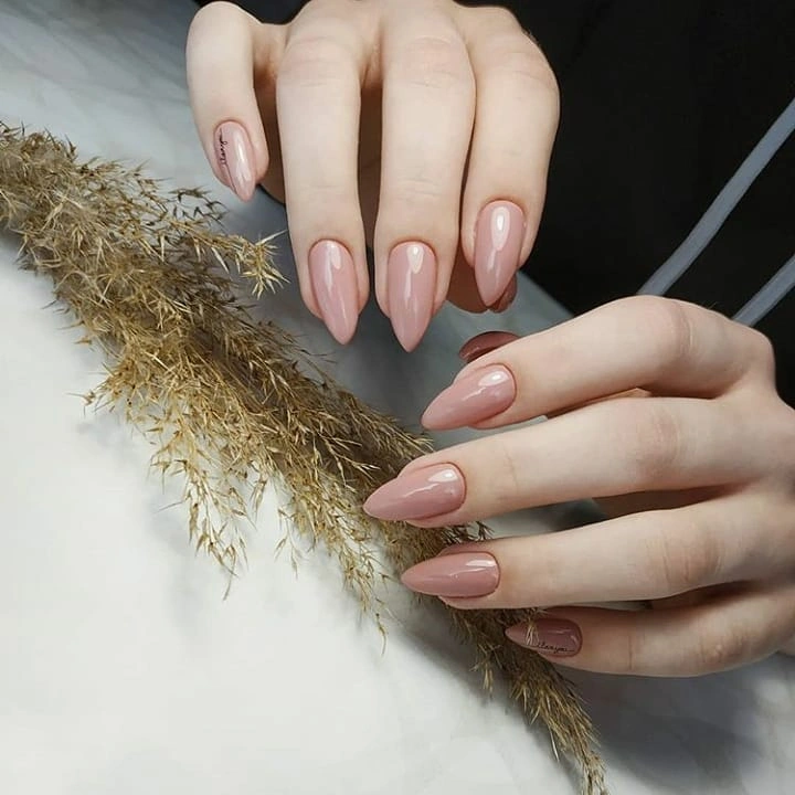 sheer pale pink long almond nails with minimal solid nude
