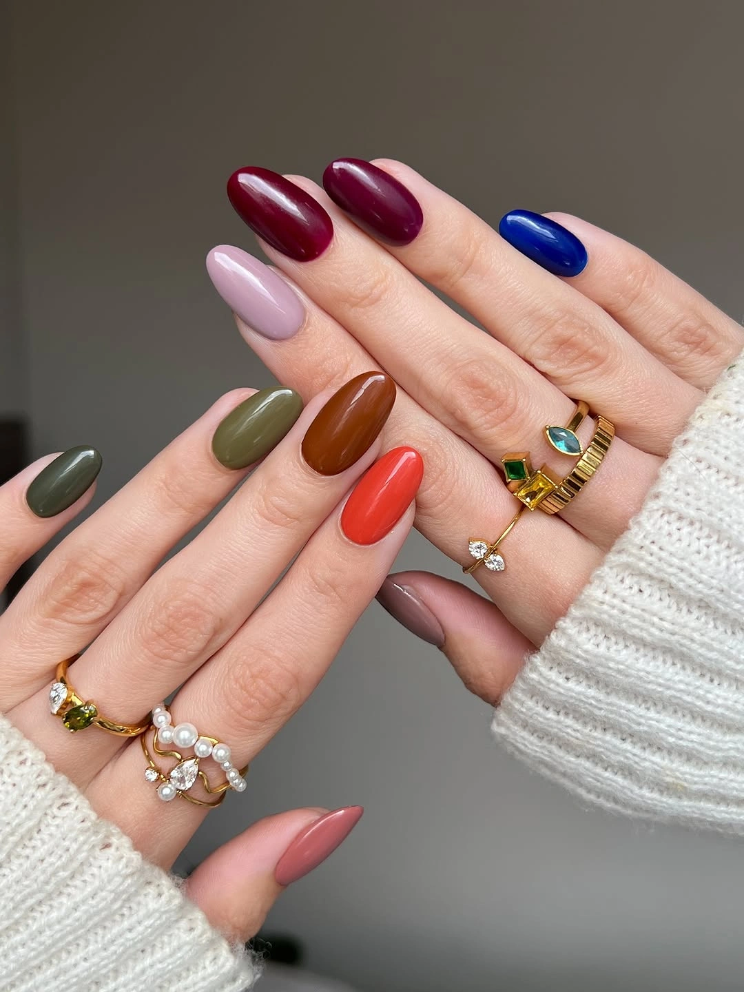 burgundy medium almond nails with multi-color mismatch