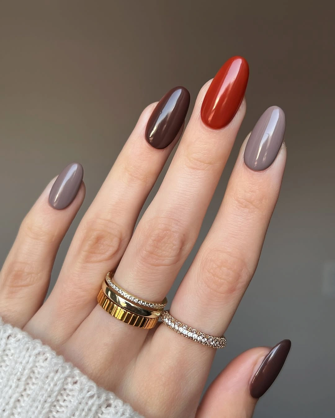 gray lilac medium almond nails with muted mixed colors
