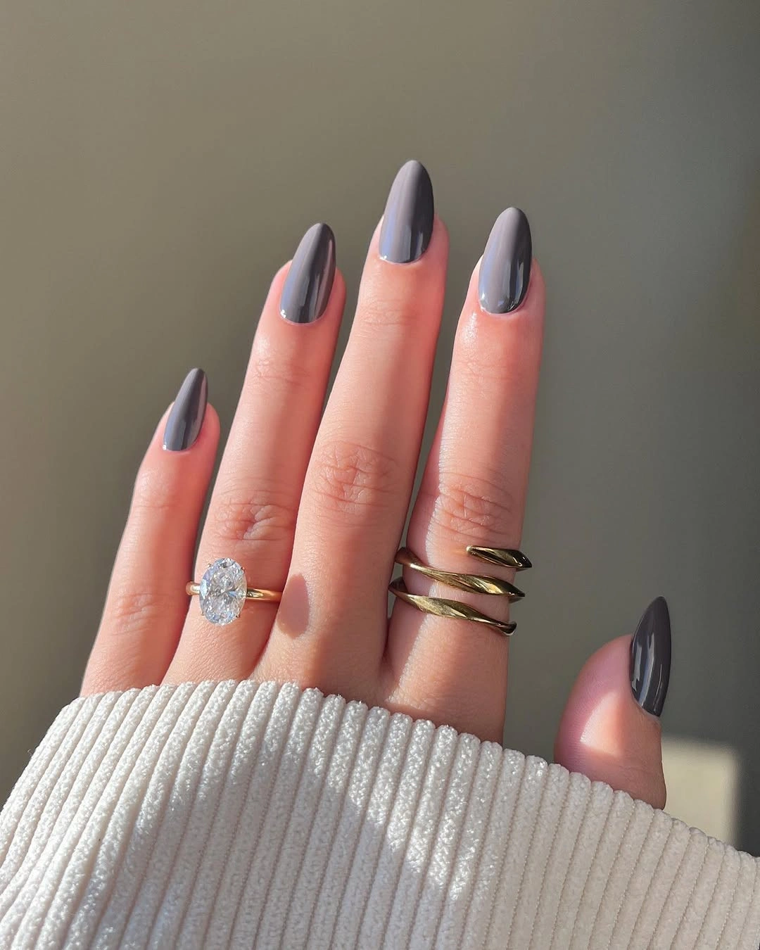 steel gray long almond nails with two-tone cool neutral