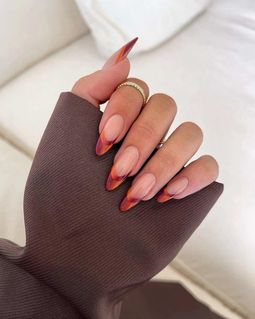 Fall nail idea: long square magenta orange textured plaid manicure