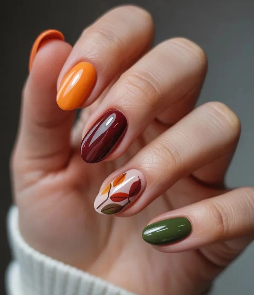 Fall nail idea: medium oval orange, burgundy, olive, and leaf manicure