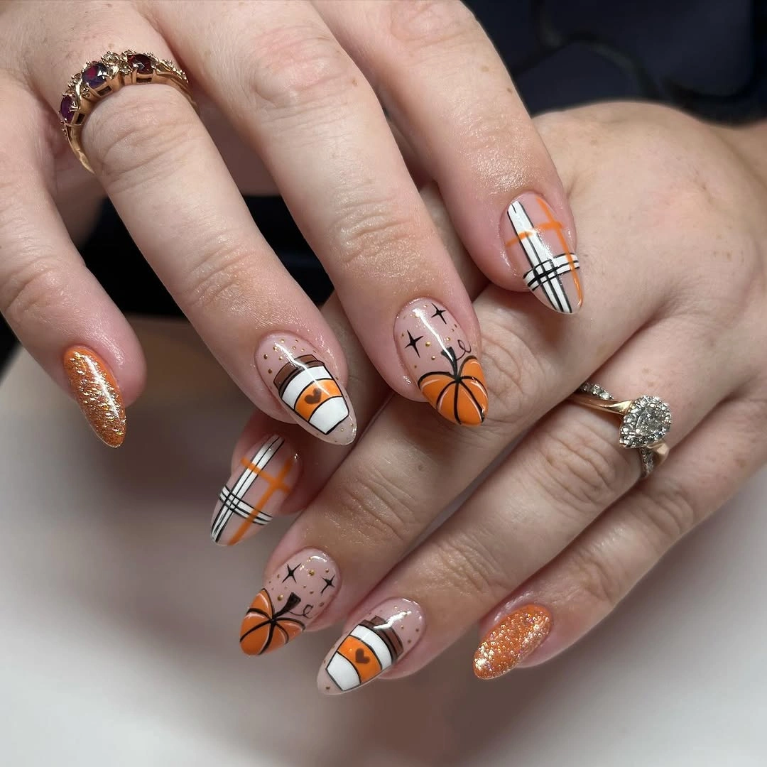 Short squoval nude nails with pumpkins plaid and autumn marks