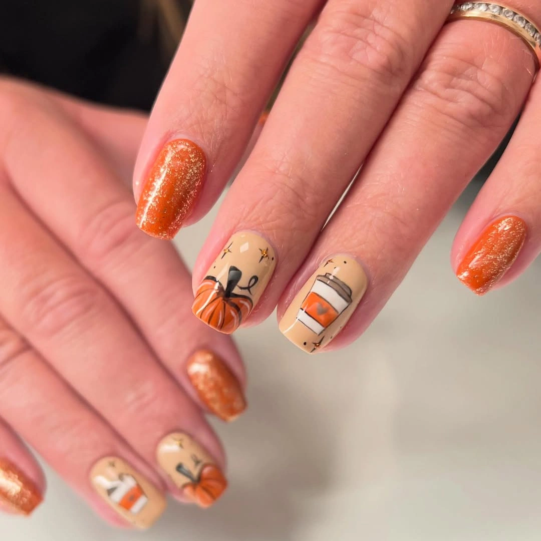 Medium almond orange shimmer nails with plaid and pumpkins