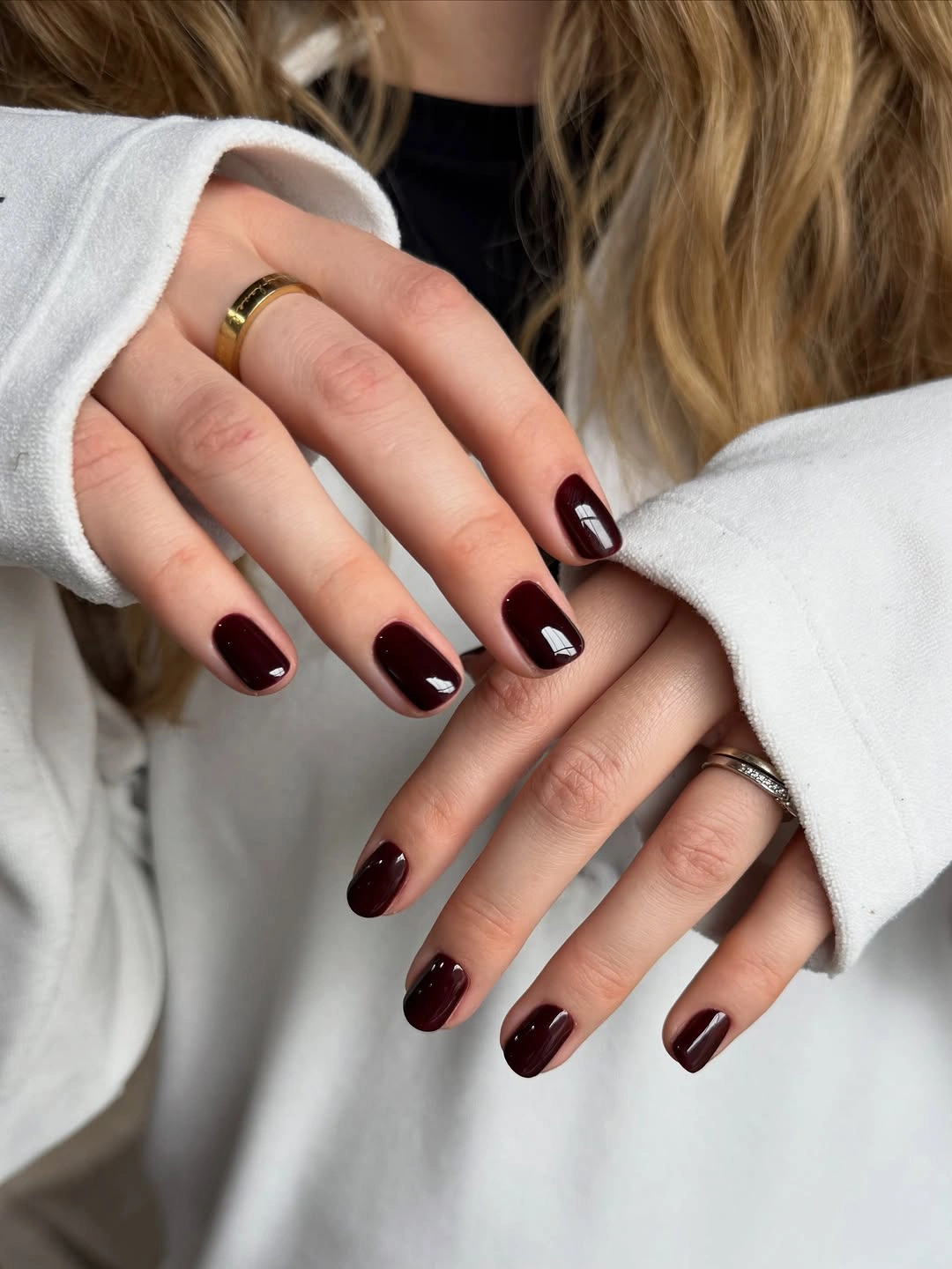 Short dark burgundy square nails