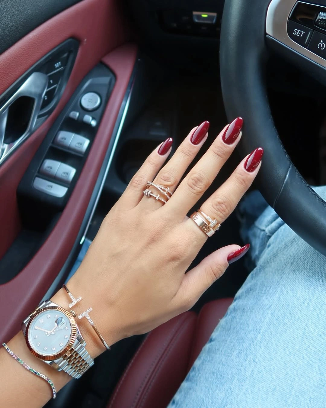 Burgundy red almond fall nails