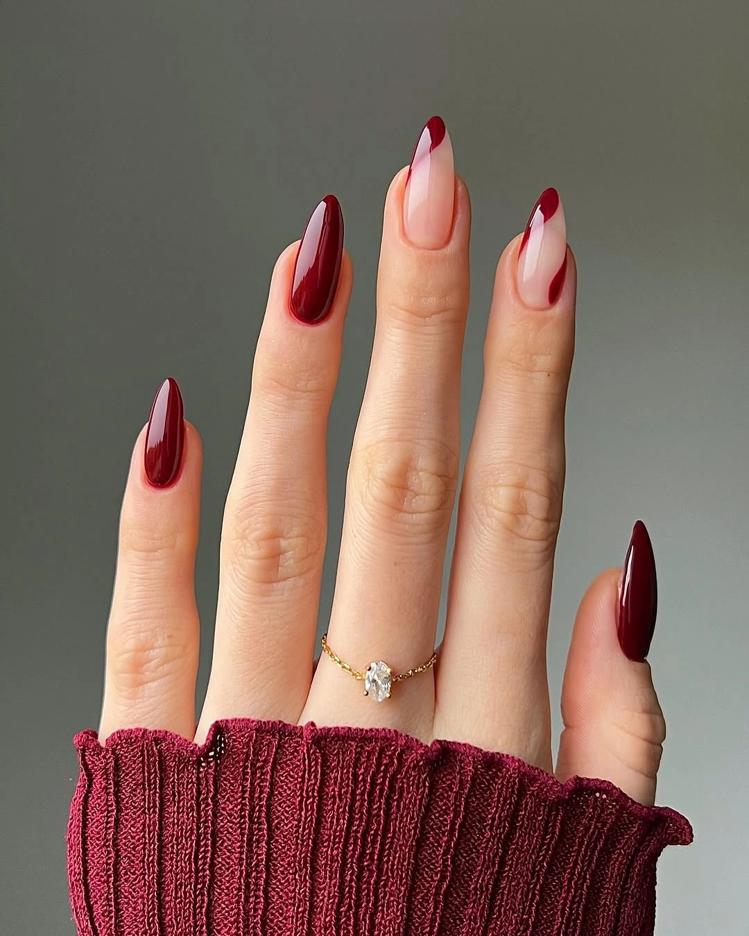 Burgundy French tip almond nails
