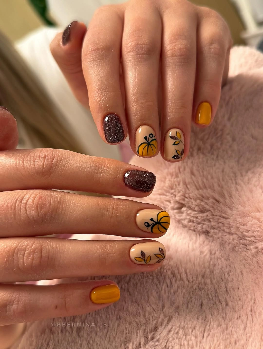 short square mustard brown and nude nails with line accents
