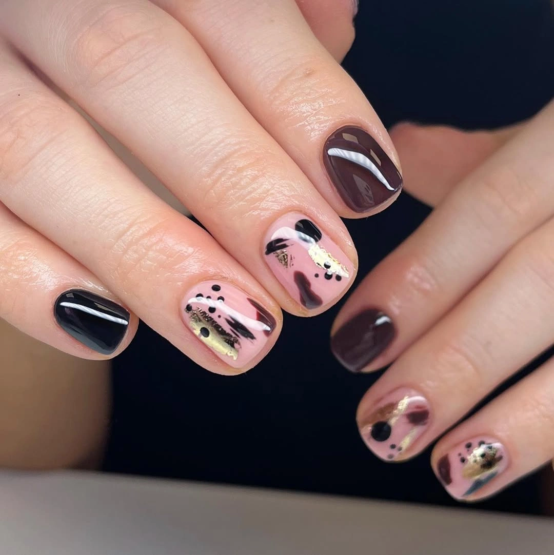 short square brown black and pink abstract nails