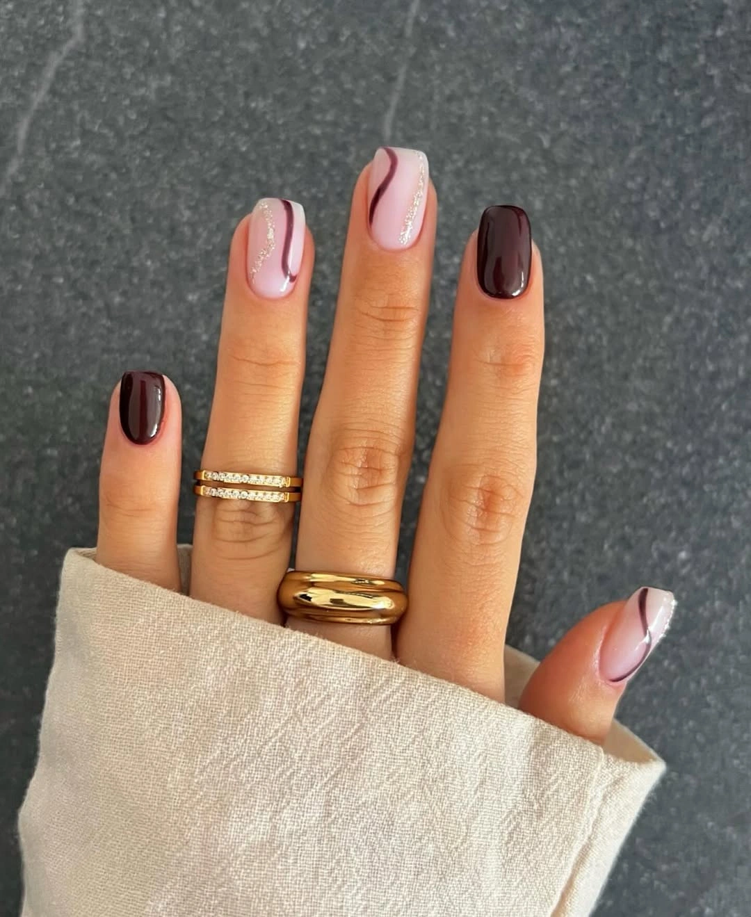 short square brown burgundy and blush nails