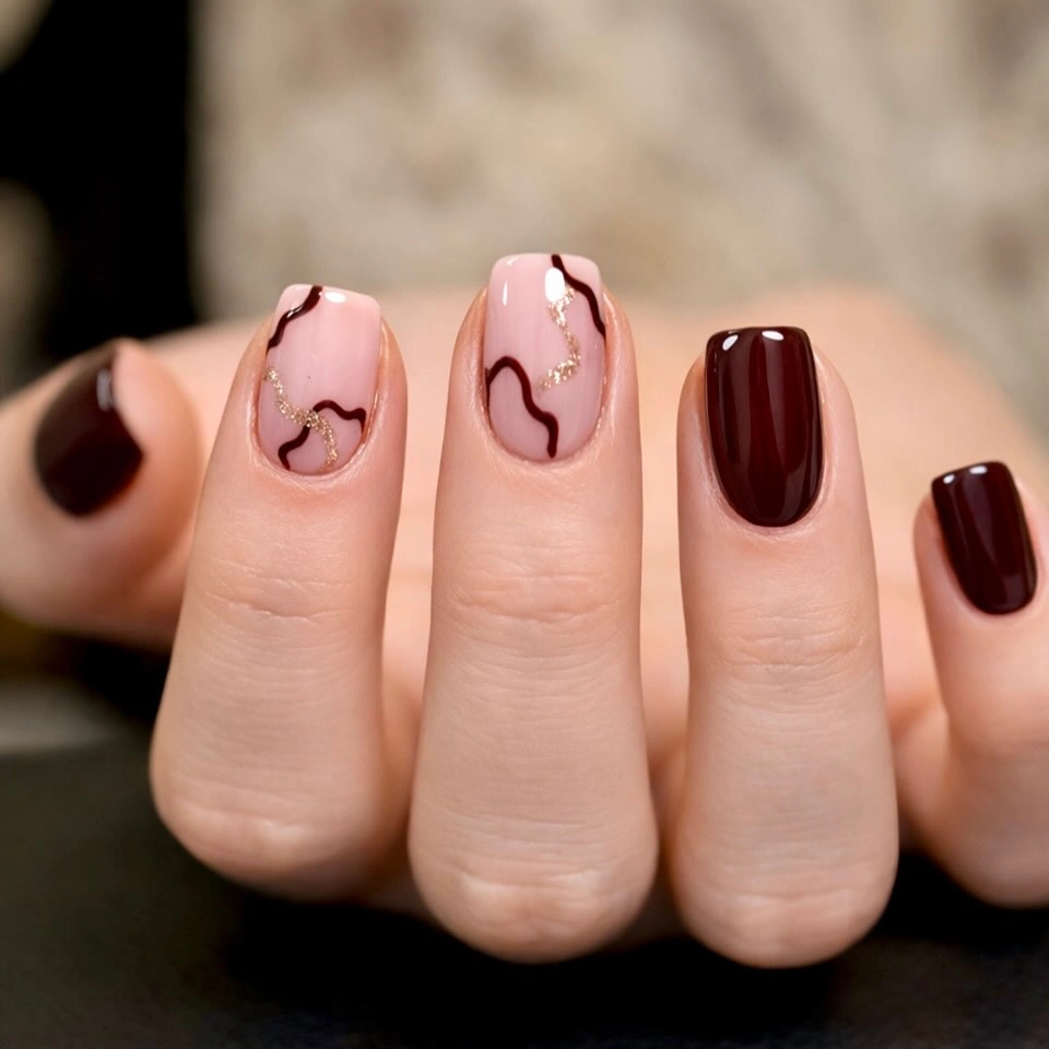 short burgundy and blush nails with minimal curved accents