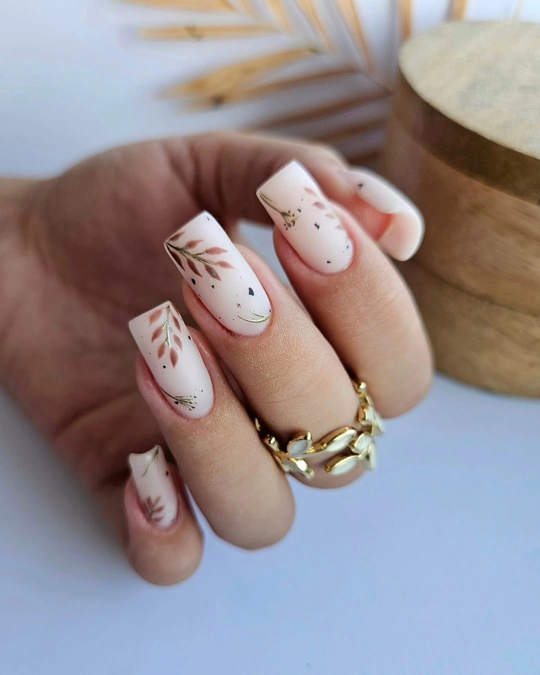 Medium square white nails with fine brown leaf lines