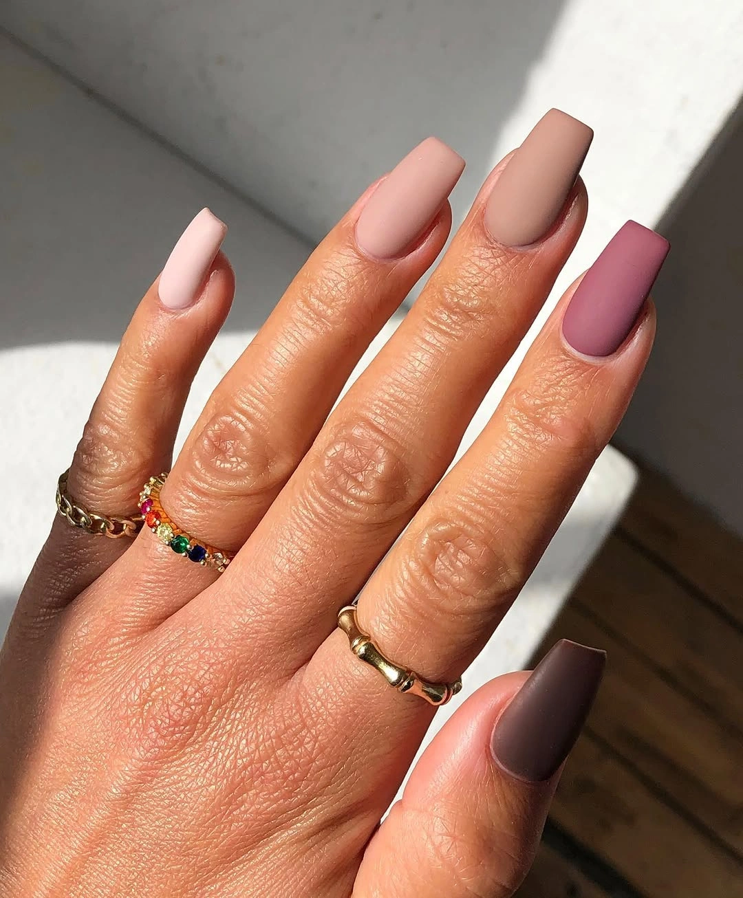 Long square nails in pale pink blush and dusty mauve