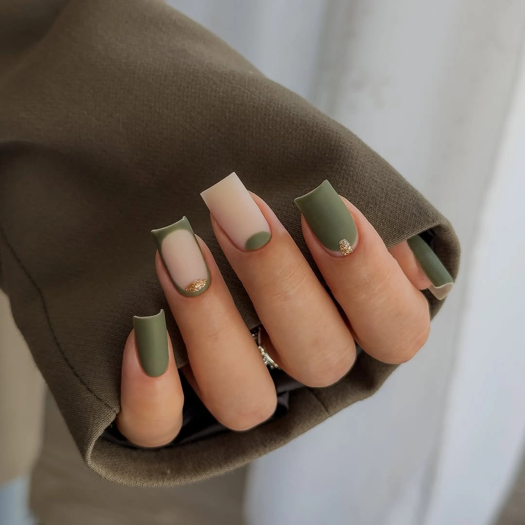 Medium square olive nude nails with green tips and gold