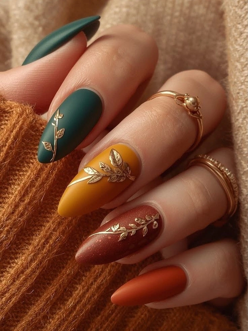 deep green mustard and chocolate botanical nail accents