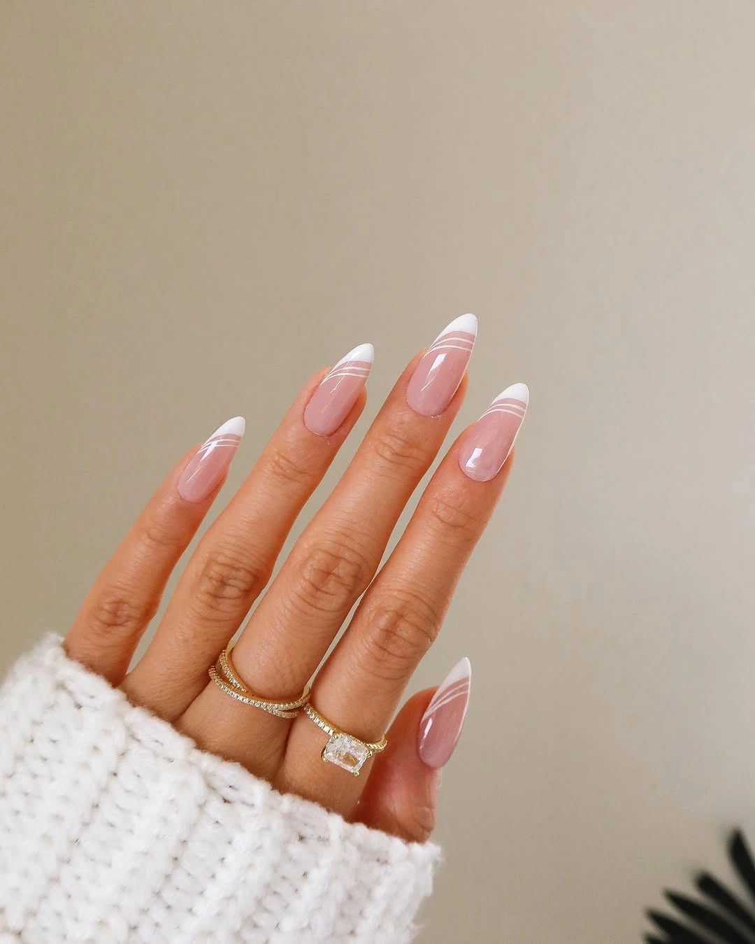 long blush and burgundy almond French manicure