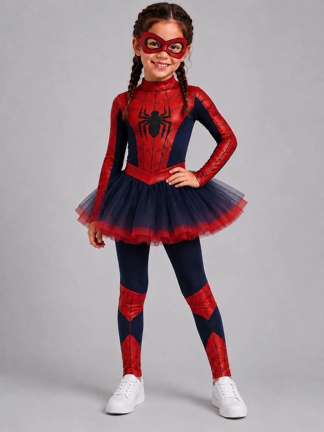 red outfit with close-fitting full-body suit with mask and sneakers