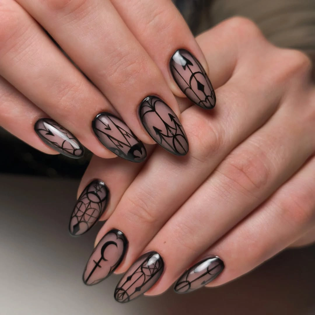 Medium-long almond smoky gray nails with gothic web lines