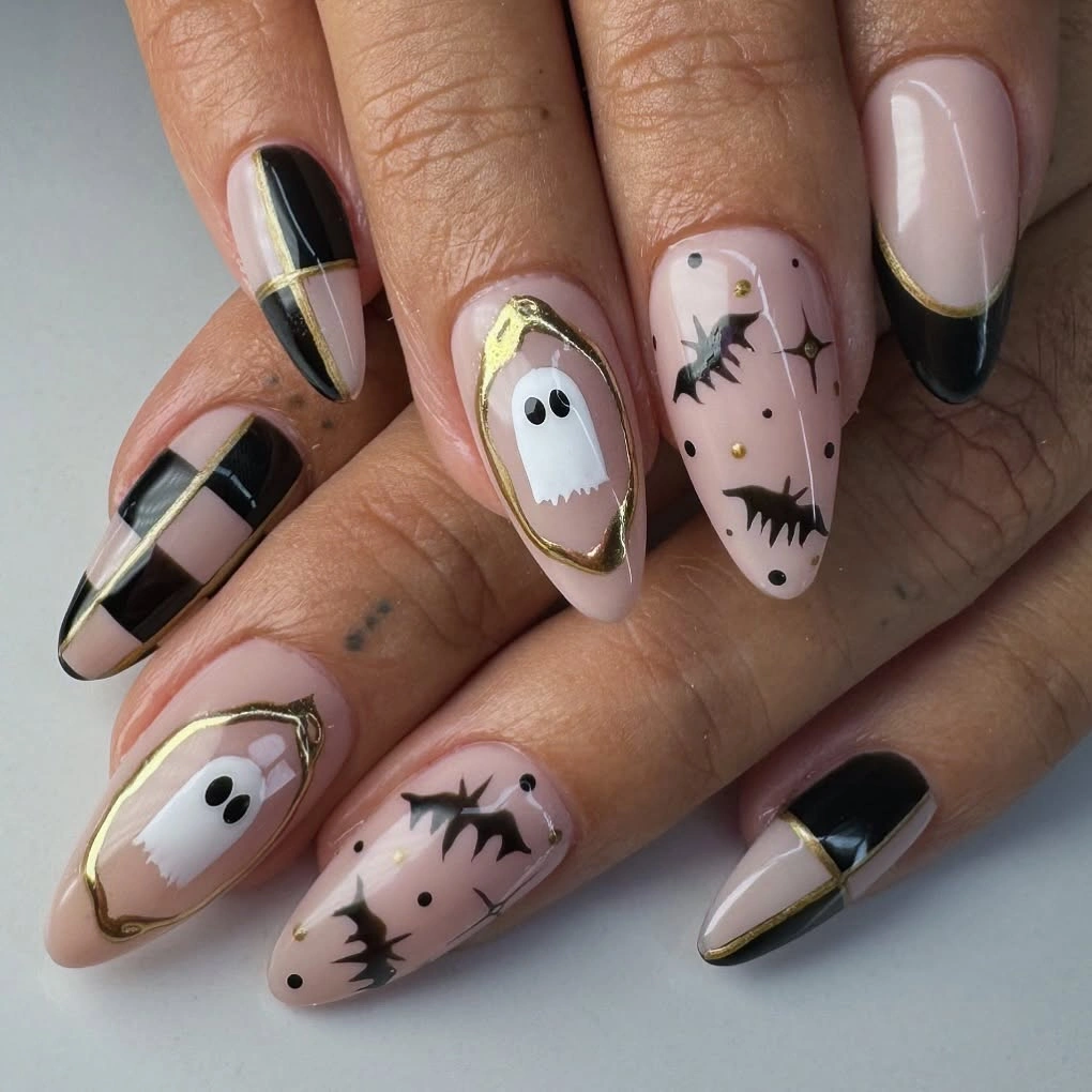 Long almond black white gray nails with ghosts spiders and webs