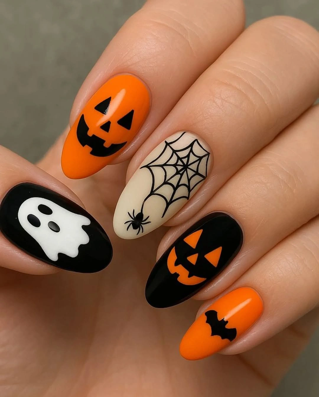 Short almond orange black cream nails with pumpkins and web