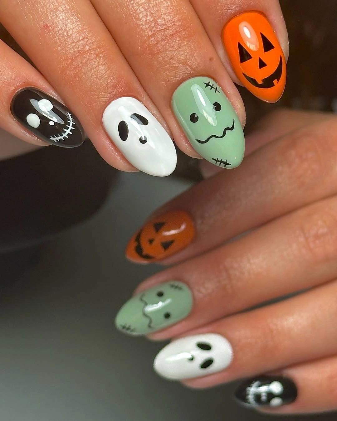 Short square black white mint orange spooky faces