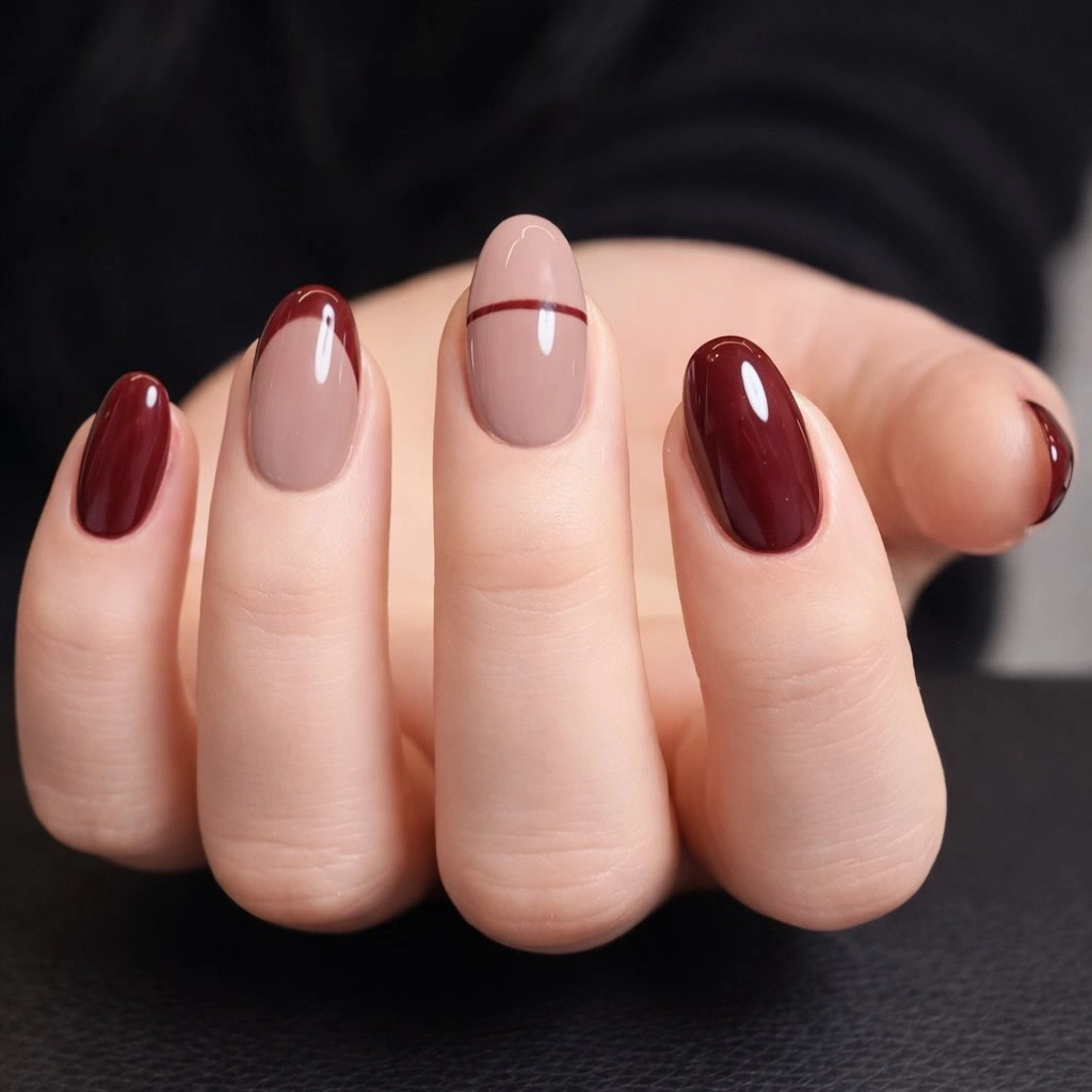 Medium square blush nails with burgundy double edges