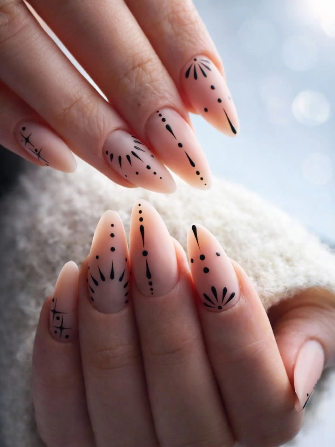 Long almond pale pink nails with black leaf lines and dots