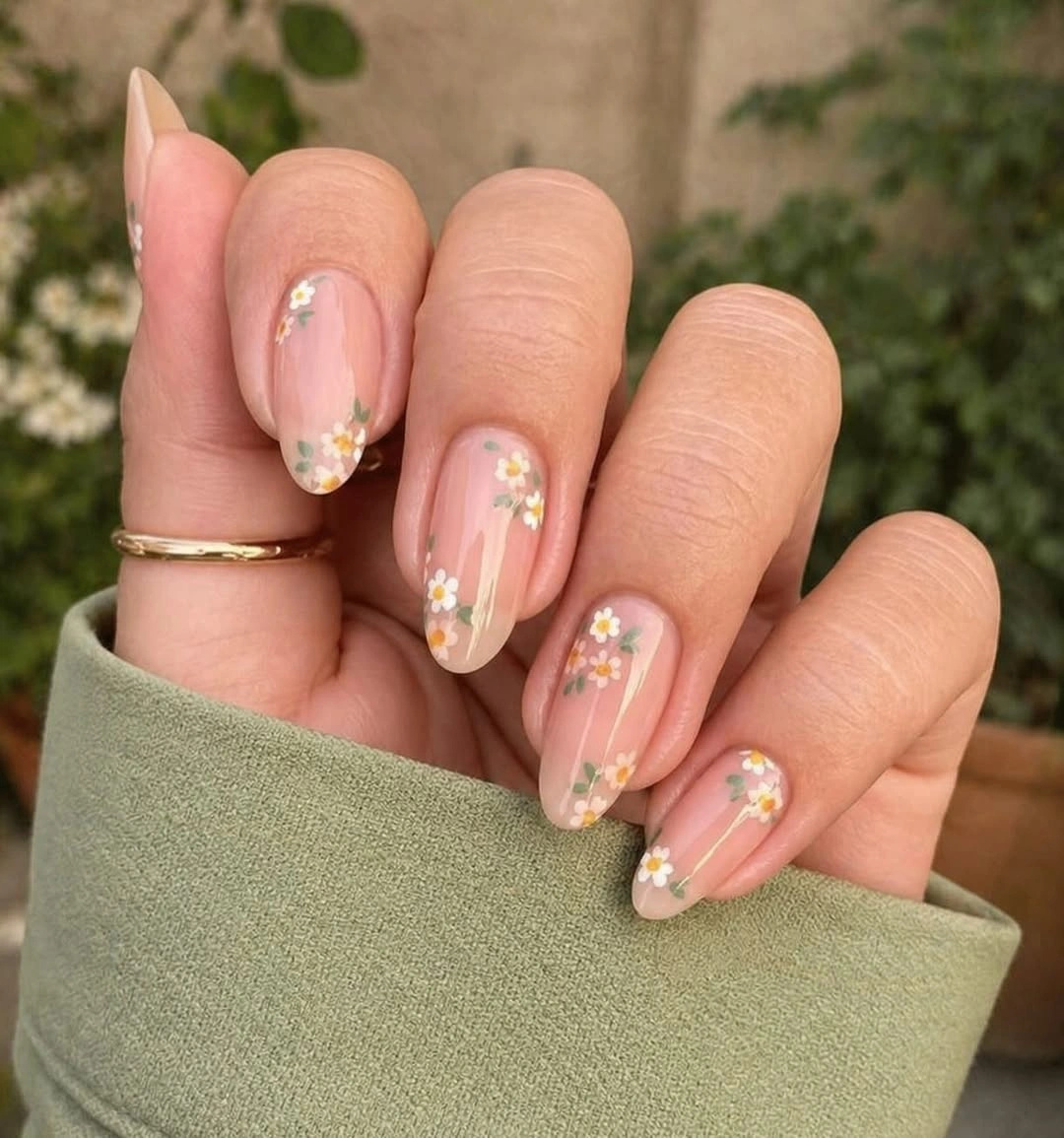 Medium oval pale pink nails with tiny white flowers