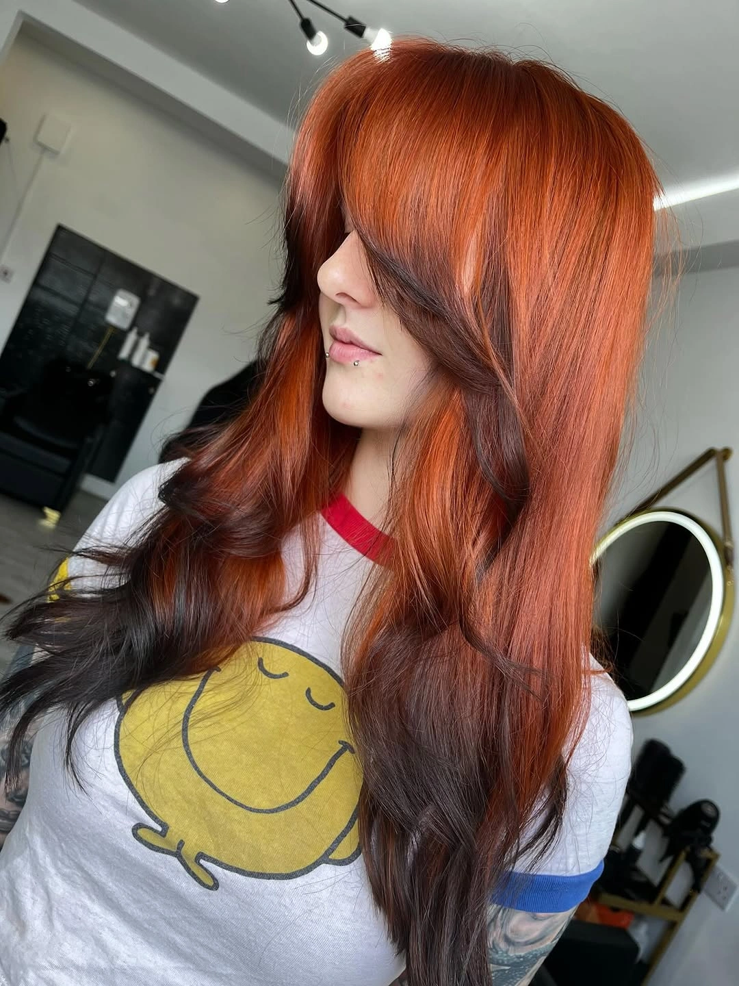 copper orange long layered waves with curtain fringe with copper face frame