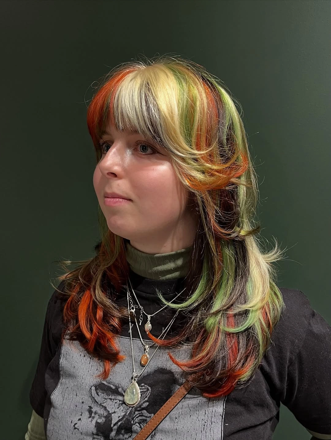 ash blonde medium shag with fringe with multicolor shag panels