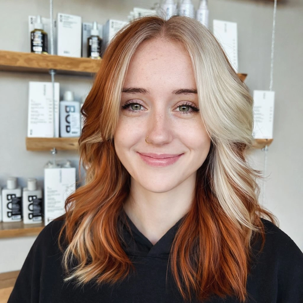 copper shoulder-length layered waves with center part with split warm-and-light color