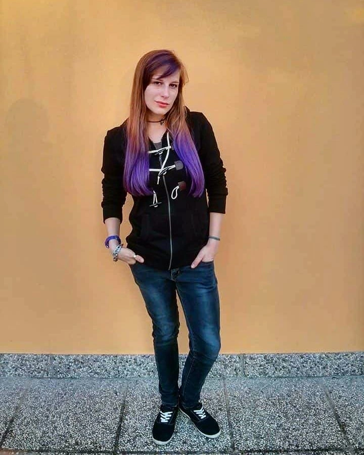 dark brown long straight layers with side part with purple ombre