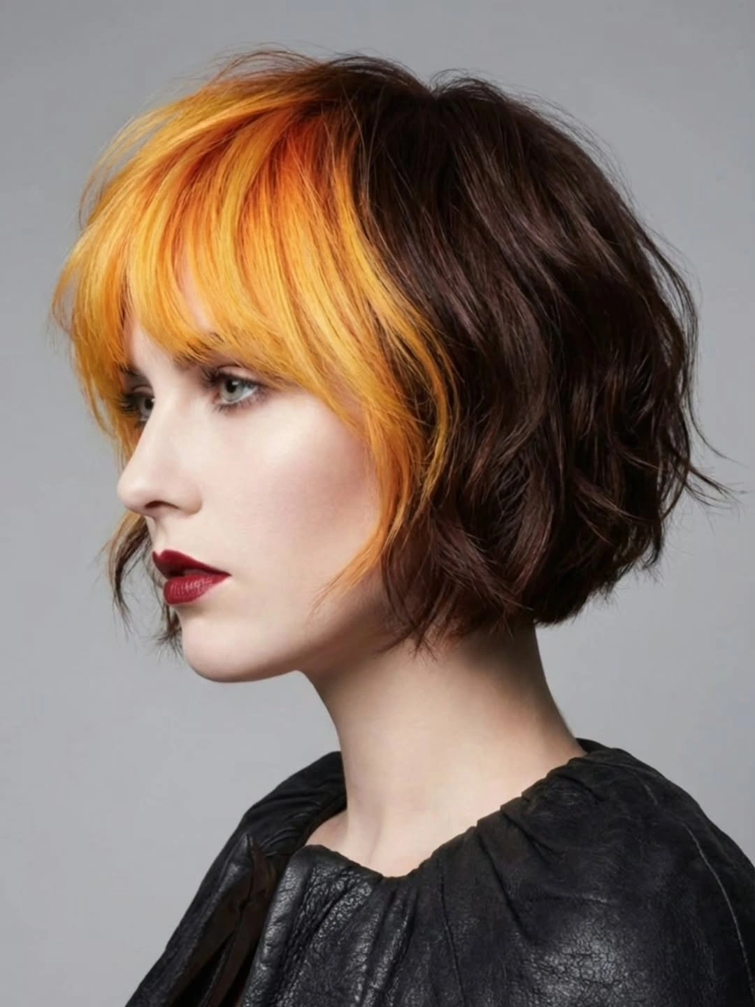 dark brown short rounded bob with fringe with bright front panel