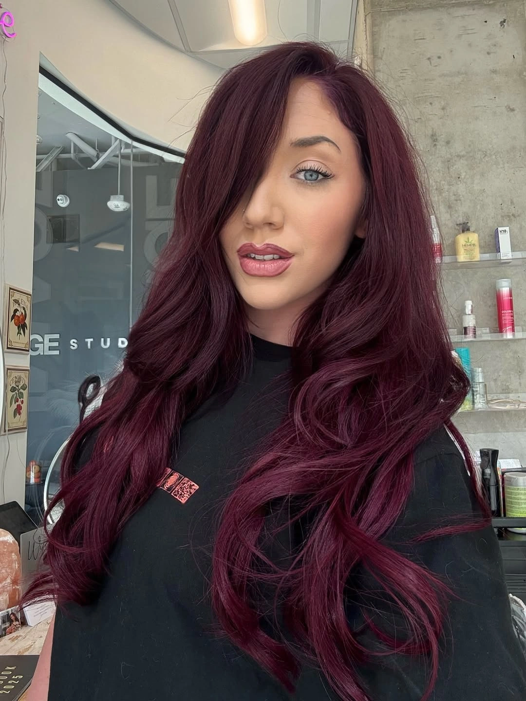 deep plum long layered waves with side part with single berry color