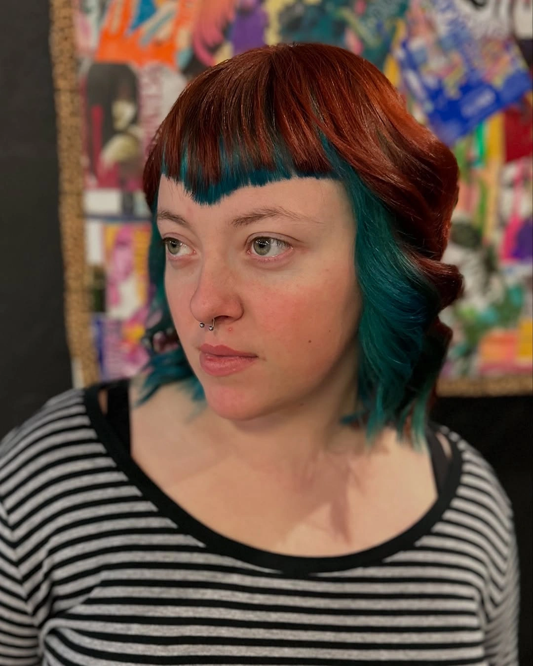 copper red short two-tone bob with fringe with copper-over-teal color block