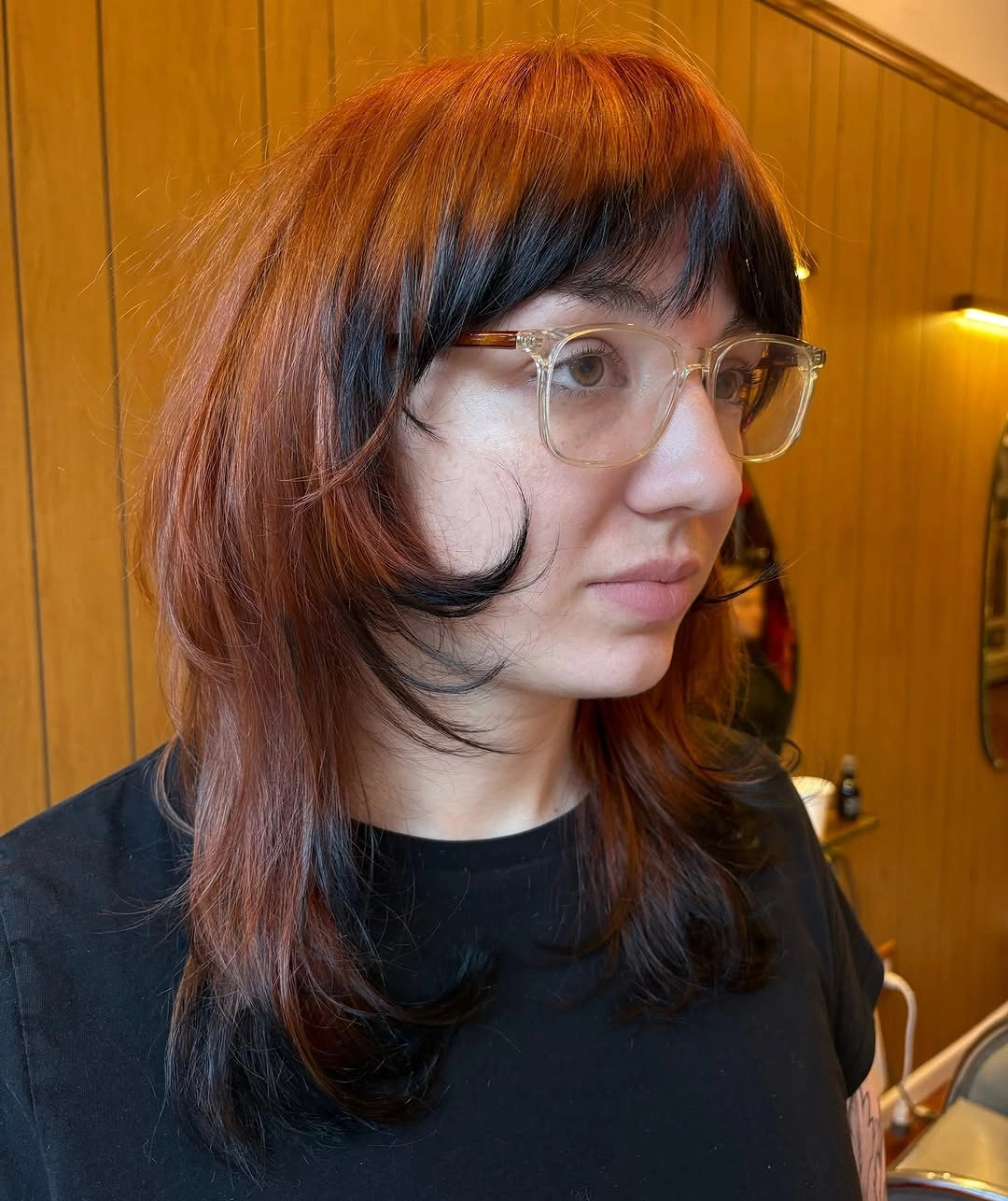 copper medium shag with short fringe with copper top and dark underlayer