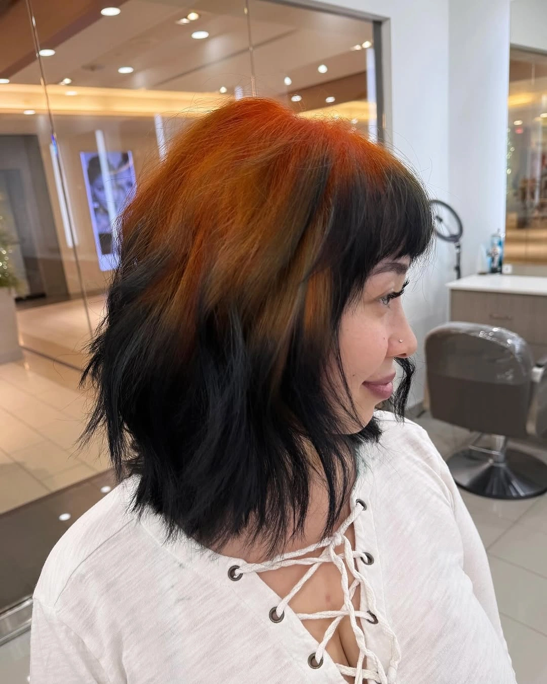 black medium shag with short fringe with copper crown panel