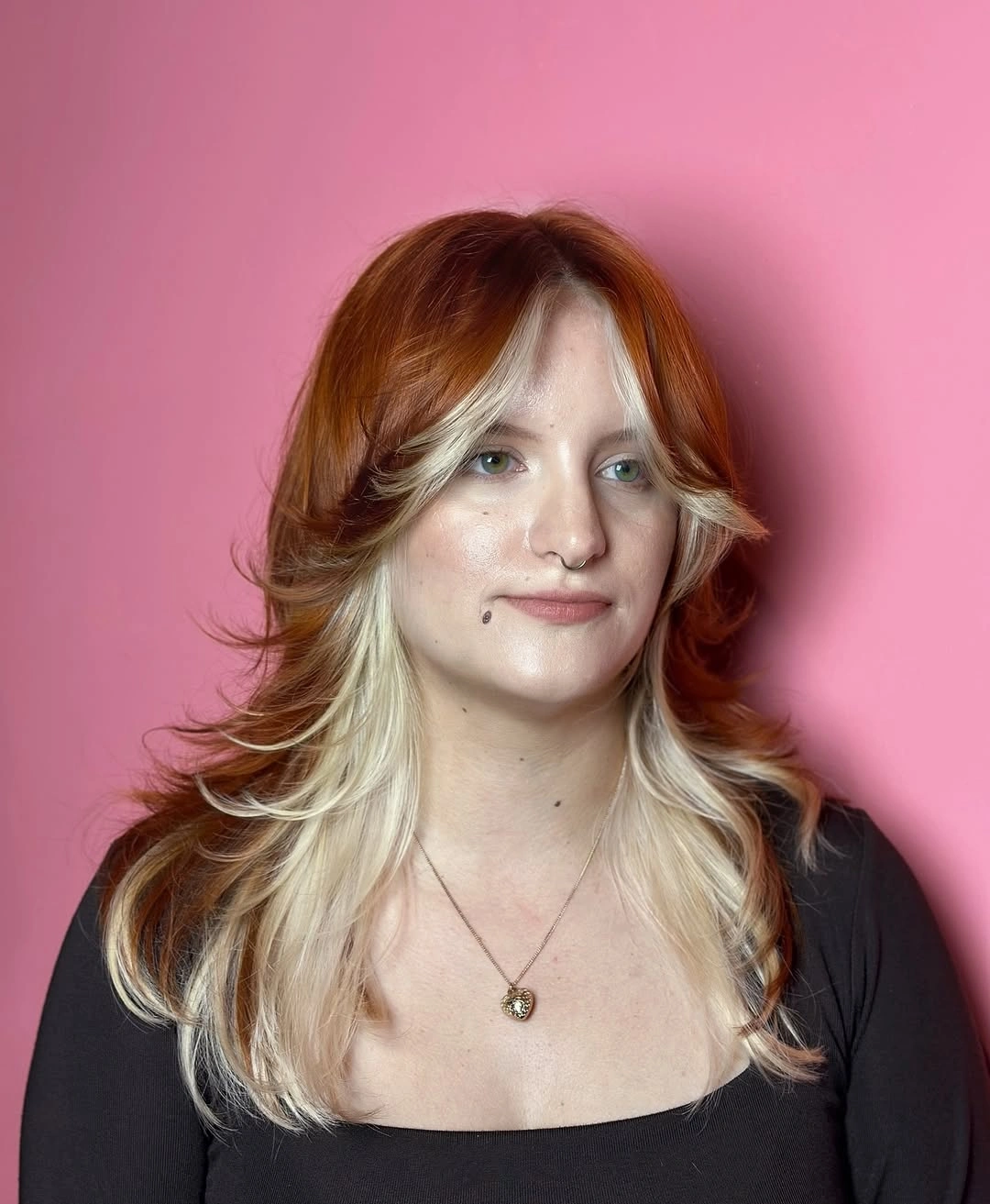 copper medium-long layered cut with curtain fringe with blonde face frame