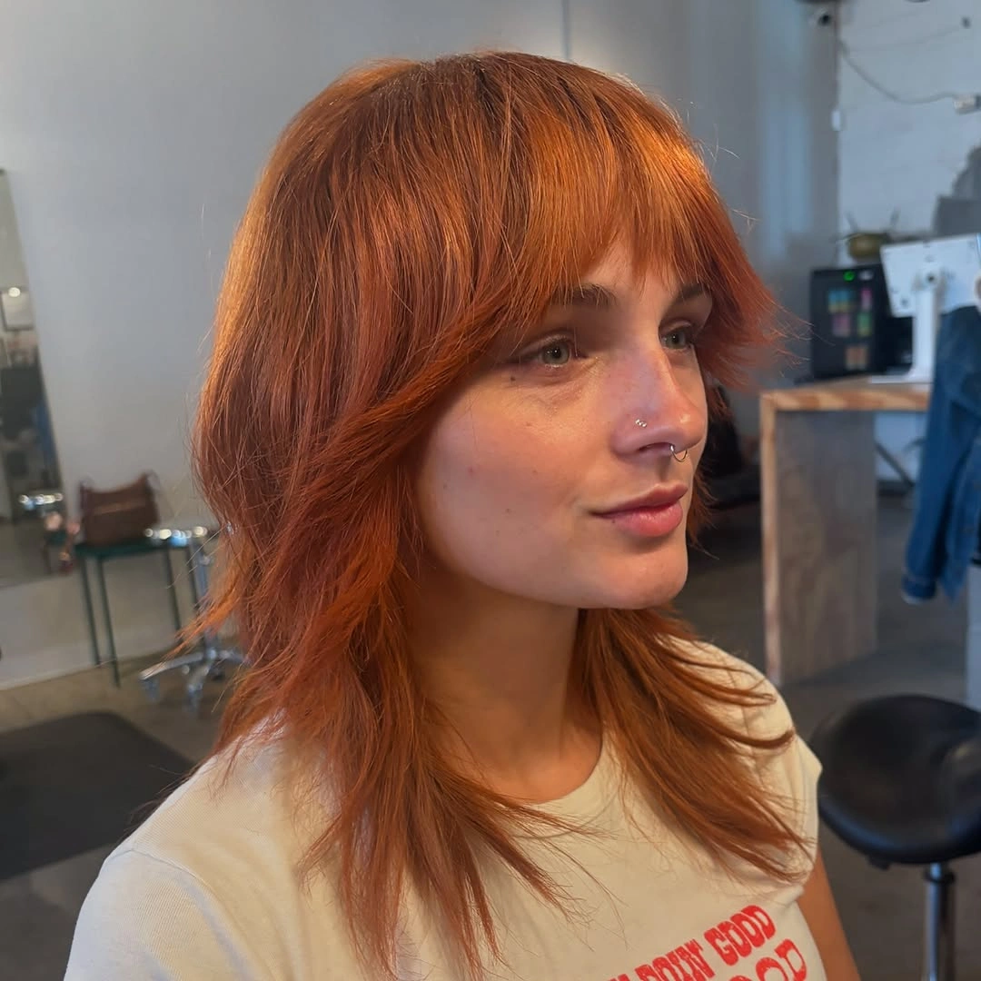 copper red medium shag with full fringe with full fringe