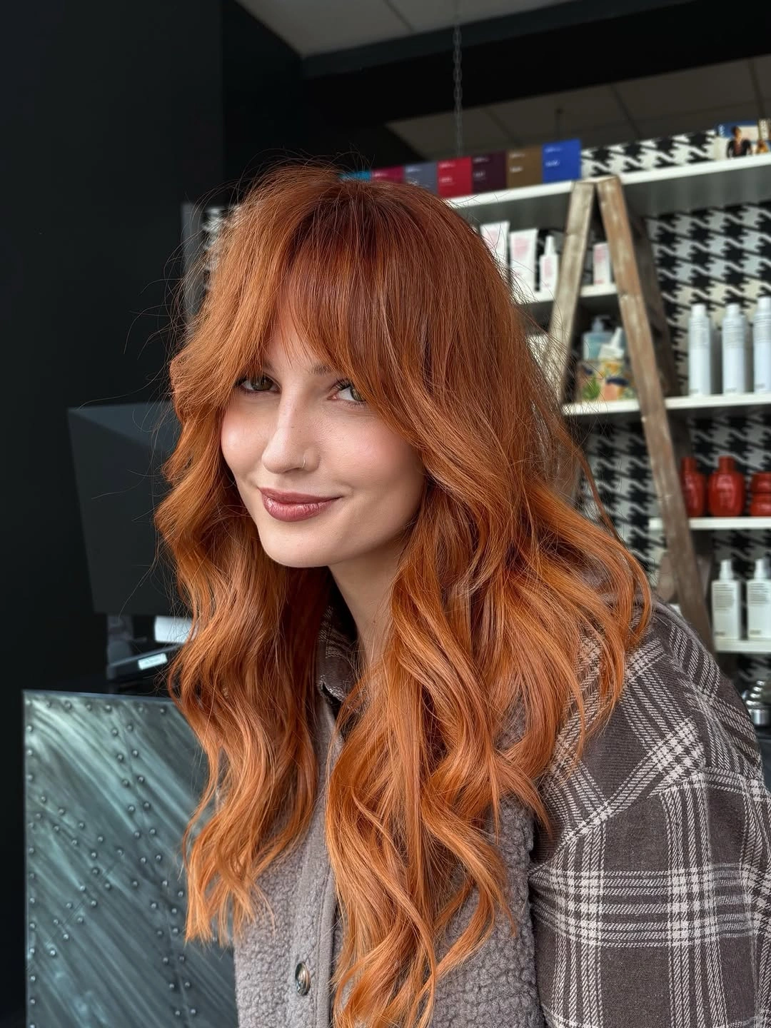 copper orange long layered cut with full fringe with full fringe